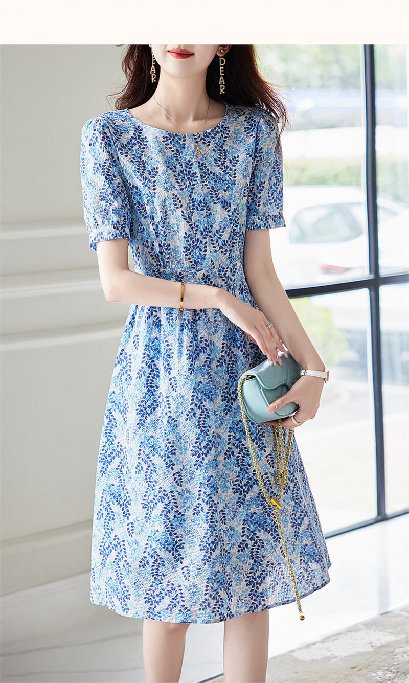 Dme [Monet Garden] Summer French Cloud Cotton Puff Sleeve High-Definition Printed Fitted Comfortable Easy-To A-Line Dress 12