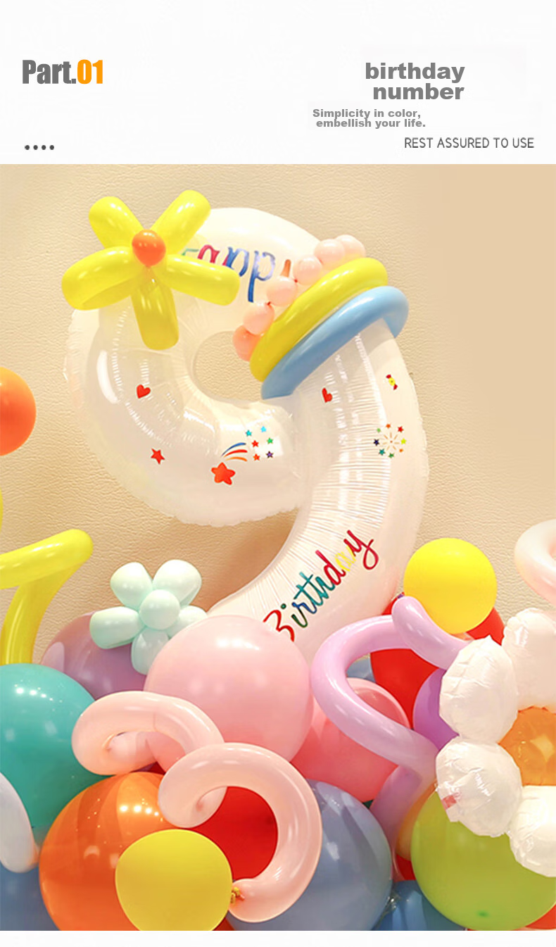Shicai White Floral Print Number Balloon Decorations, Children's Birthday Party Scene Setup, Outdoor Handheld Photo Props, 4 Pieces 11