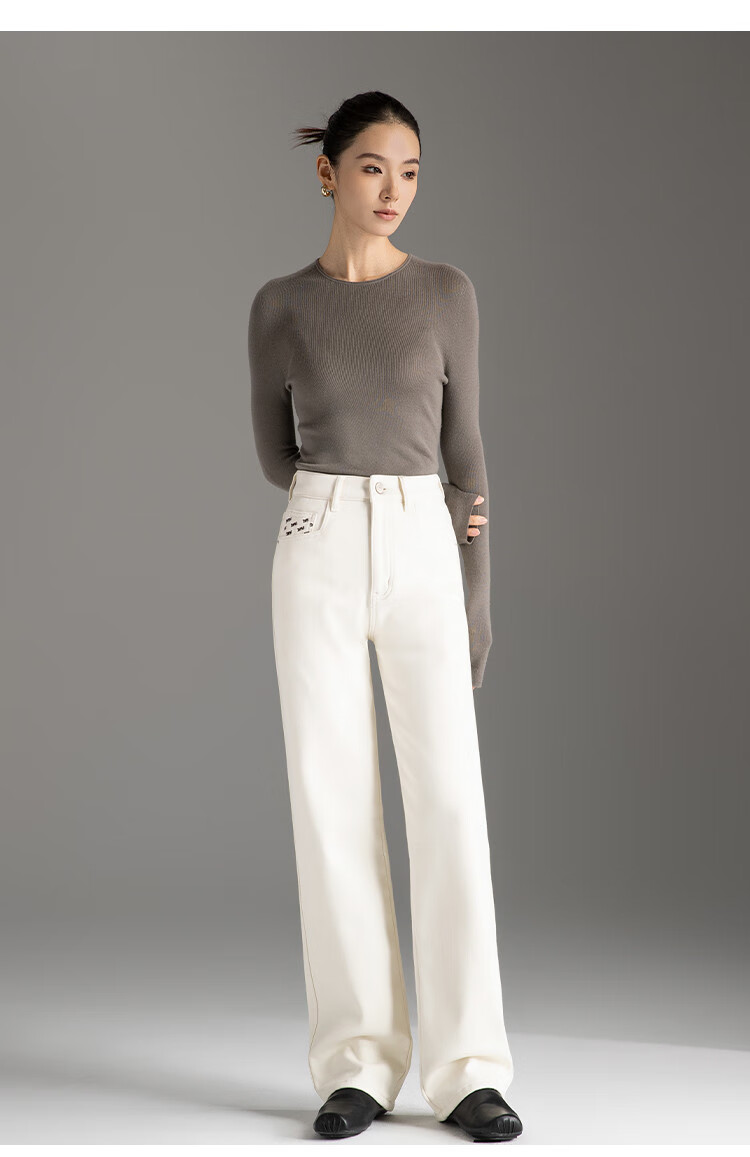 Dme Autumn And Winter New Fleece-Lined Slim-Fit Versatile Off-White High-Waist Straight-Leg Jeans for Wome 14