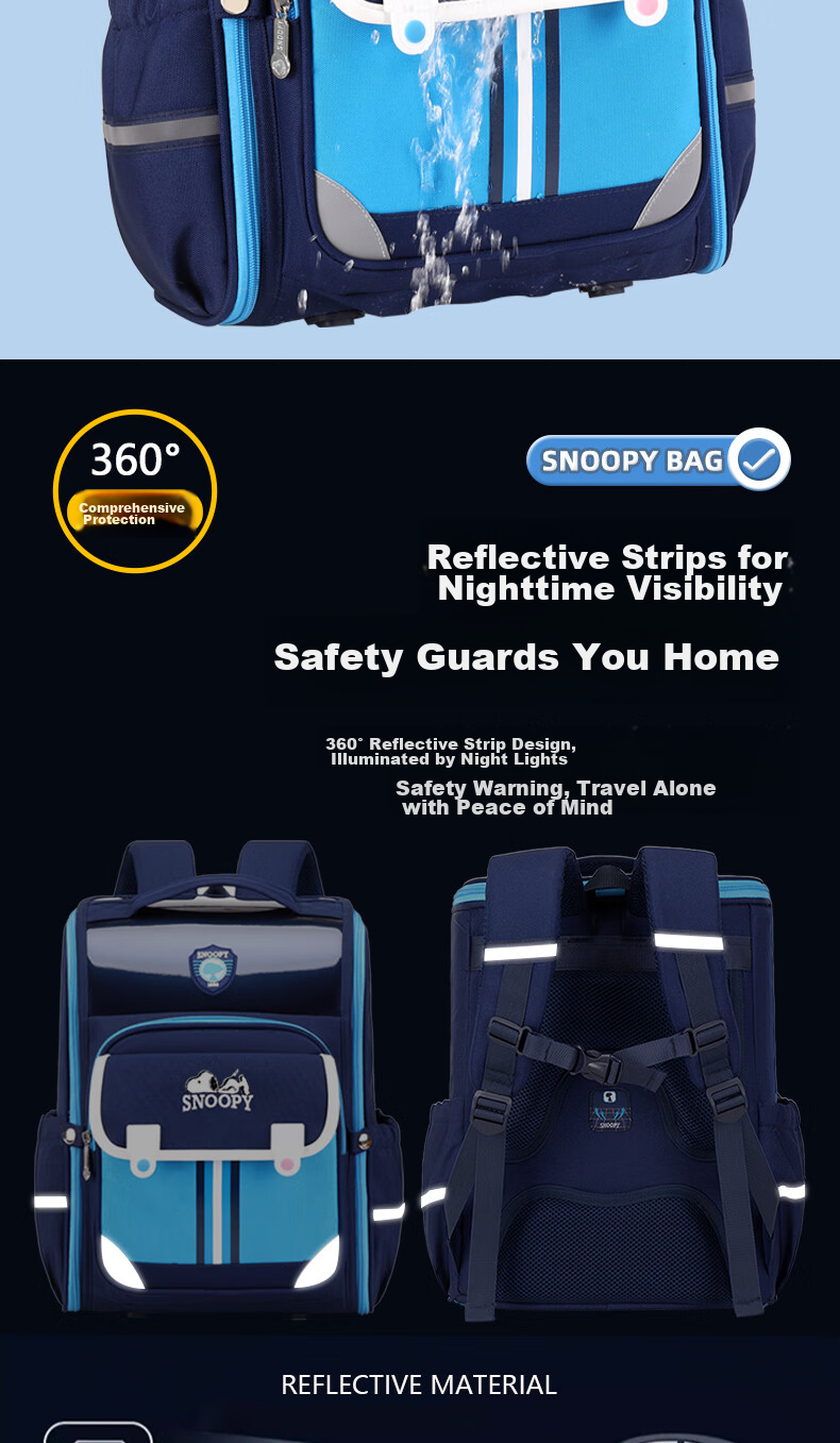 SNOOPY Backpack for Primary School Boys Grades 1-6, Large Capacity Lightweight Reduced Burden Children's Spine Protection Double Shoulder Bag for Girls, Light Blue 22