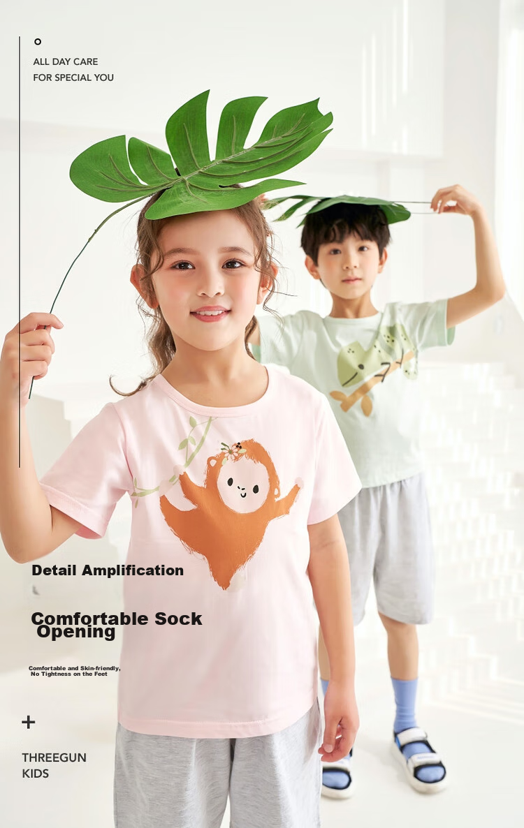THREEGUN Water-Soft Cotton Children's Short-Sleeve Shorts Pajama Set, Boys And Girls, 89205D0, Light Green, Size 120 2