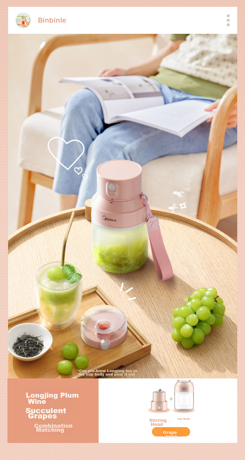 Midea Juicer Cup, Portable Home Juicing Machine, Orange Juice Maker, Food Processor, Blender Cup, Wireless Charging Juice Maker, Outdoor Portable Juice Cup MJ-LZ106 9