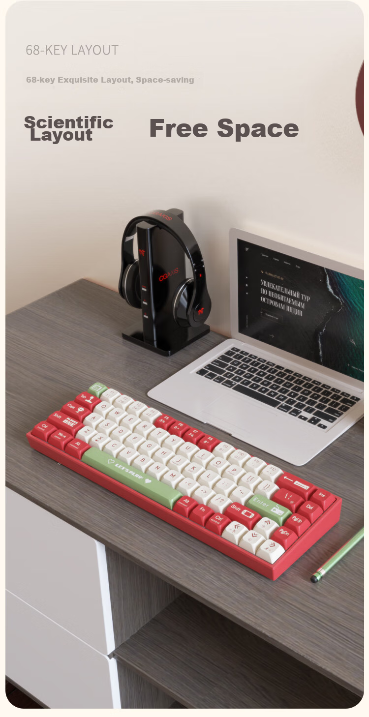 AJAZZ AK680 Wired Mechanical Keyboard, Dual-Color Keycaps, 68 Keys, Full Hot-Swappable, Customizable Mechanical Keyboard, Mixed Colorful Lighting Effects, Portable And Compact, Gray-White, Red Switches 5