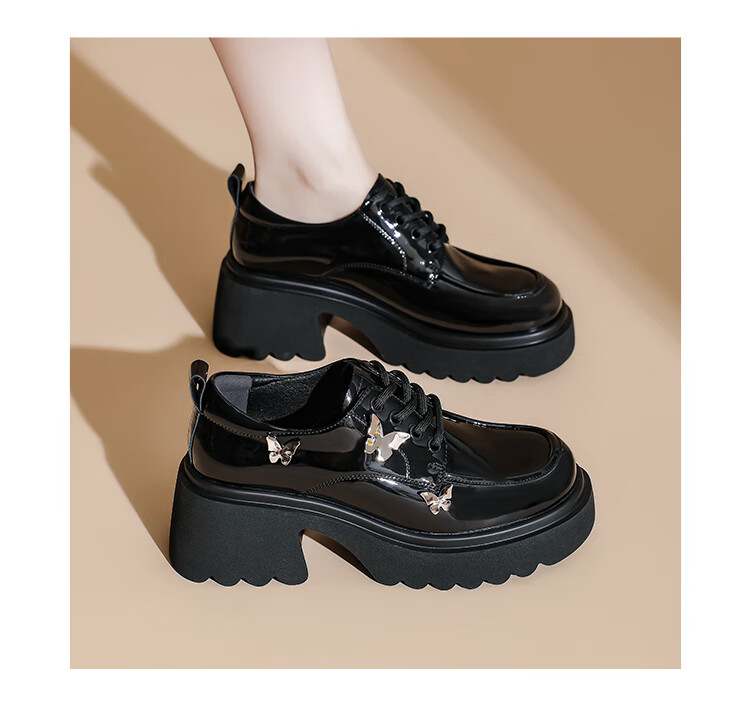 DAPHNE Thick-Soled Loafers for Women, Comfortable Versatile Shoes to Match Dresses, British Style Leather Shoes for Women, Glossy Black, Size 37 9