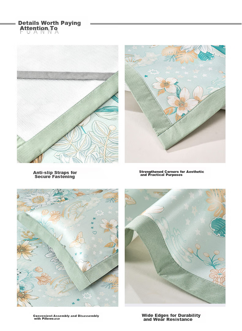 FUANNA Qingge Ice Silk Cooling Mat, Cool-Feeling Printed Soft Mat, Double Size, Three-Piece Set, Green 1.5*2 Meters [Washable] 14