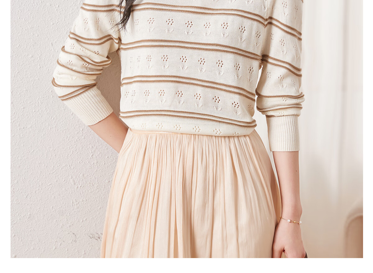 Chushen Women's Autumn And Spring Knit Sweater, Fashionable Casual Round Neck Hollow Striped Thin Long-Sleeve Knitted Top S61Z163 9