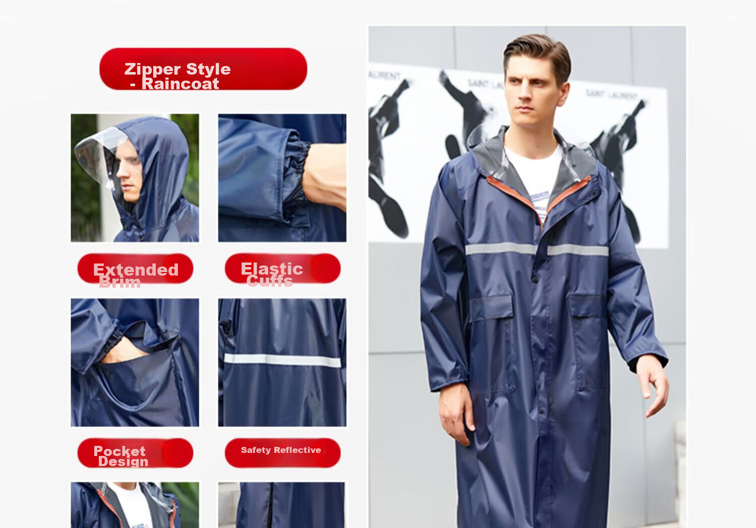 Zhugu Long Raincoat, Trench Coat Style Rain Poncho for Security, Construction Site Fishing Adults Full-Body Raincoat, Heavy-Duty Navy Blue Extended [Hidden Button Style] XL (165-175) 6