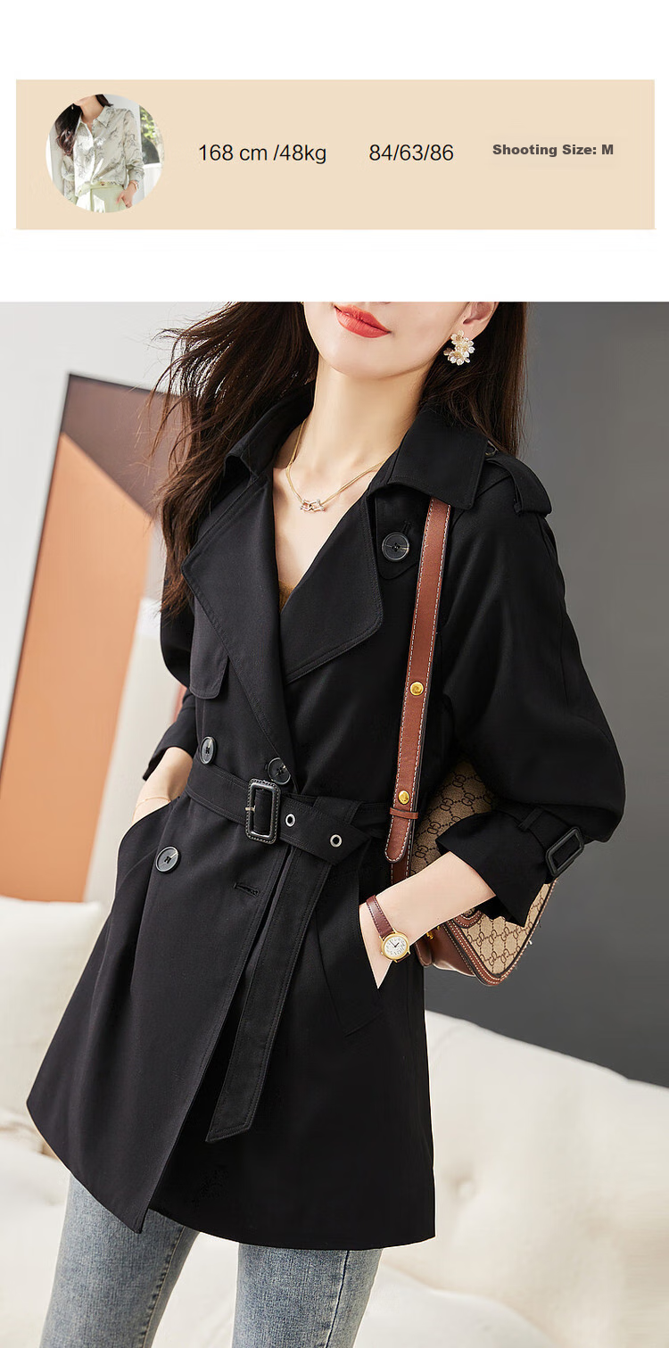 Dme Double-Breasted Trench Coat, Spring And Autumn Suit Collar H-Type Double-Breasted Long-Sleeve Trench Coat for Women, Mid-Length Style, Deep Khaki, S 12