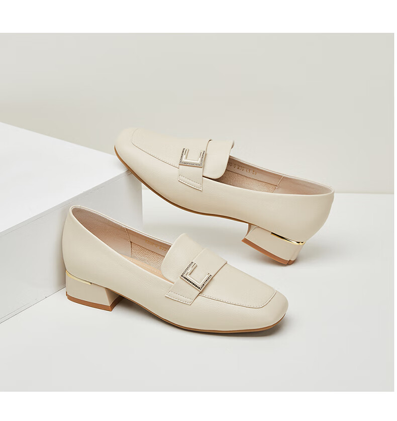 DAPHNE Women's Single Shoes, Retro Square Toe with Buckle Loafers, Chunky Heel Slimming Slip-On Commuter Shoes 4623101007 Beige 39 15