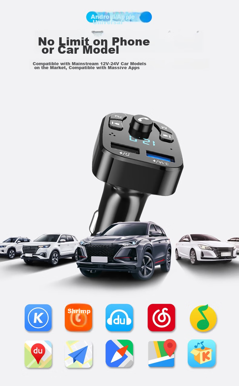 Zhunhang Car MP3 Bluetooth Player, USB Flash Drive Music Receiver, Three-In Data Cable, Apple Android Type-C Charging 4