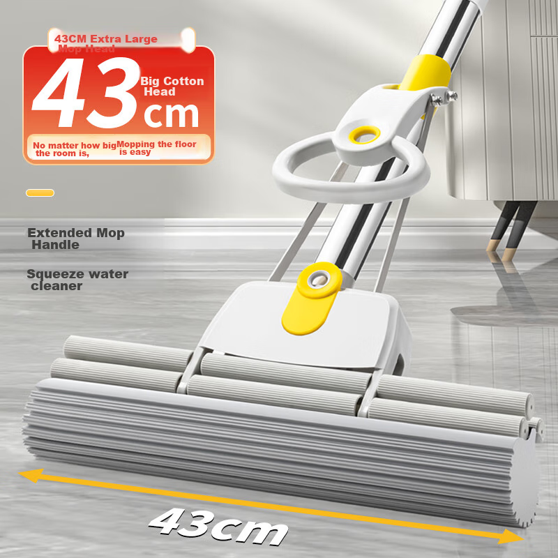 MR Sponge Mop with 43cm Sponge Head And 135cm Long Handle, 1 Head Double Roller Squeezing Water Sponge Mop