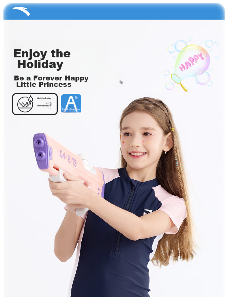 ANTA Children's Swimsuit, New Style Girls' One-Piece Square-Leg, Student Professional Training Swimwear, for Older Children, Blue And Purple, Size 170 1