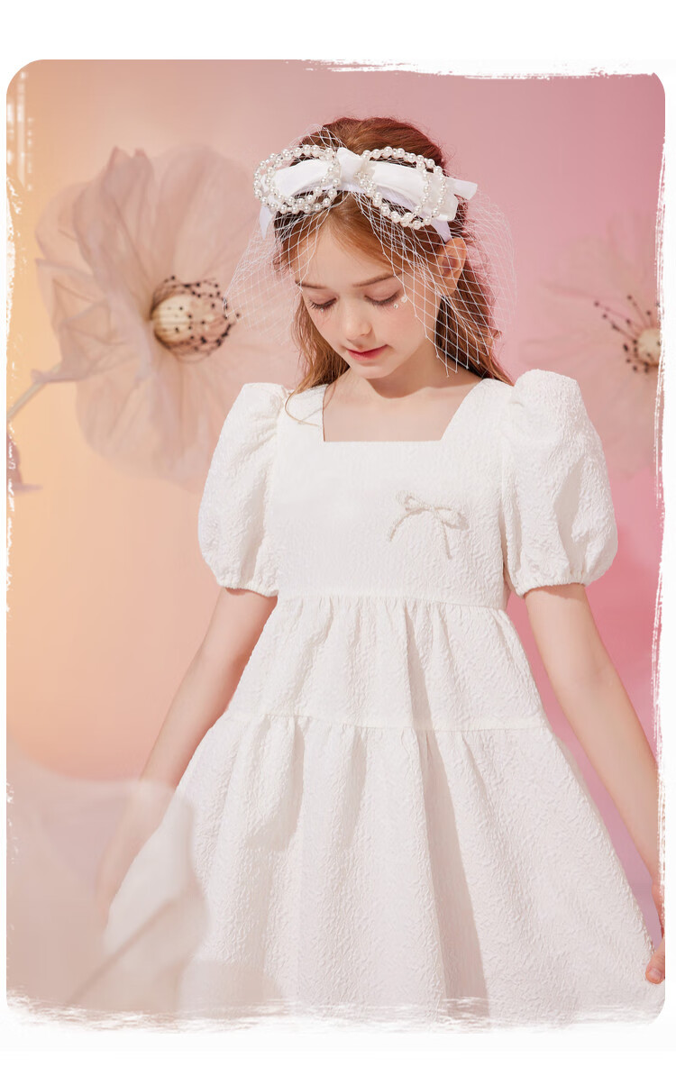 ASK JUNIOR Girls' Summer Dress with Puff Sleeves, Princess Style, Beach Vacation-Inspired White Dress 1