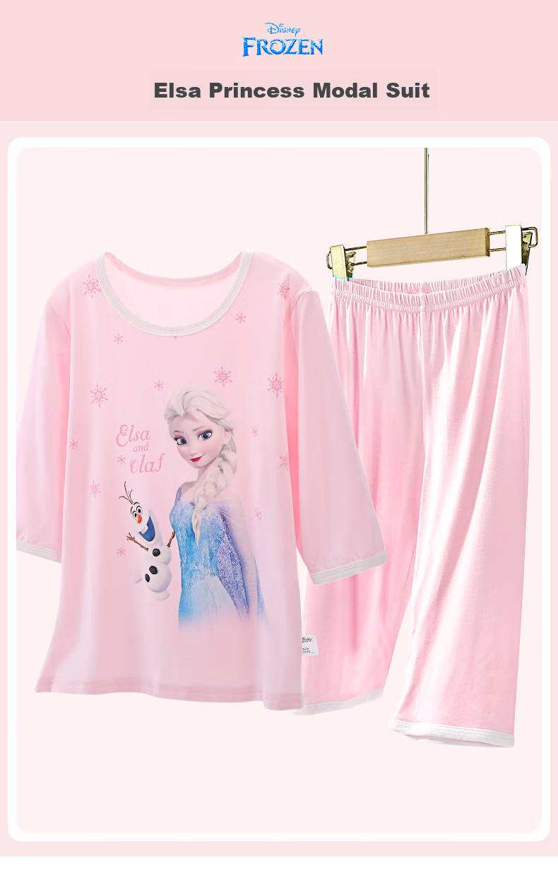 Disney Frozen Girls' Summer Thin Pajamas, Elsa Princess Modal Mid-Sleeve Loungewear Set for Childre 1