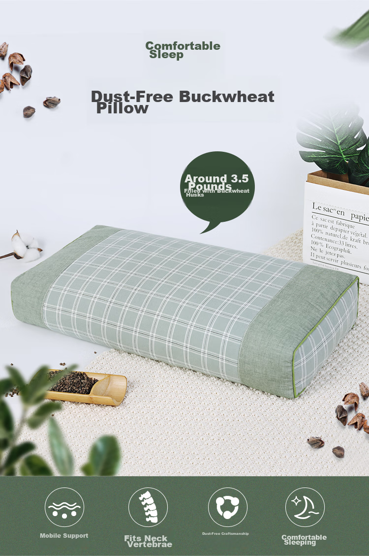 Shuguoyu 3.5 Jin (1.75 Kg) All Buckwheat Hull Cervical Pillow for Comfortable Sleep, Adult Single Firm Pillow with Cotton Pillowcase | Gree 1