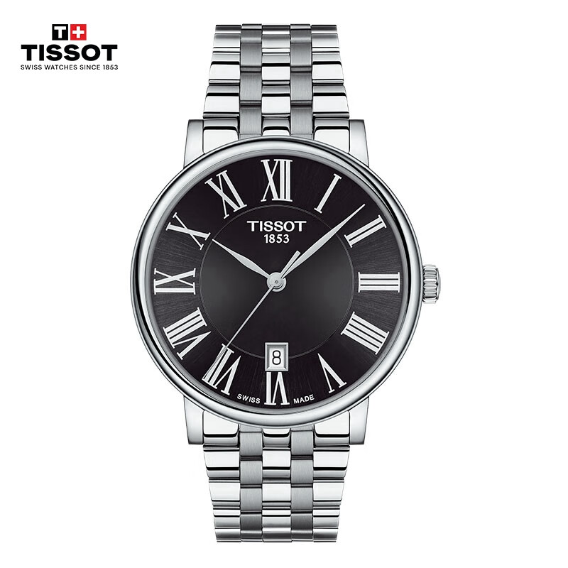 Швейцарские часы TISSOT Carson Zhenwo Series для мужчин, кварцевые, стальной ремешок, модель T122.410.11.053.00, водонепроницаемость 50 м, серебристый корпус, черный циферблат