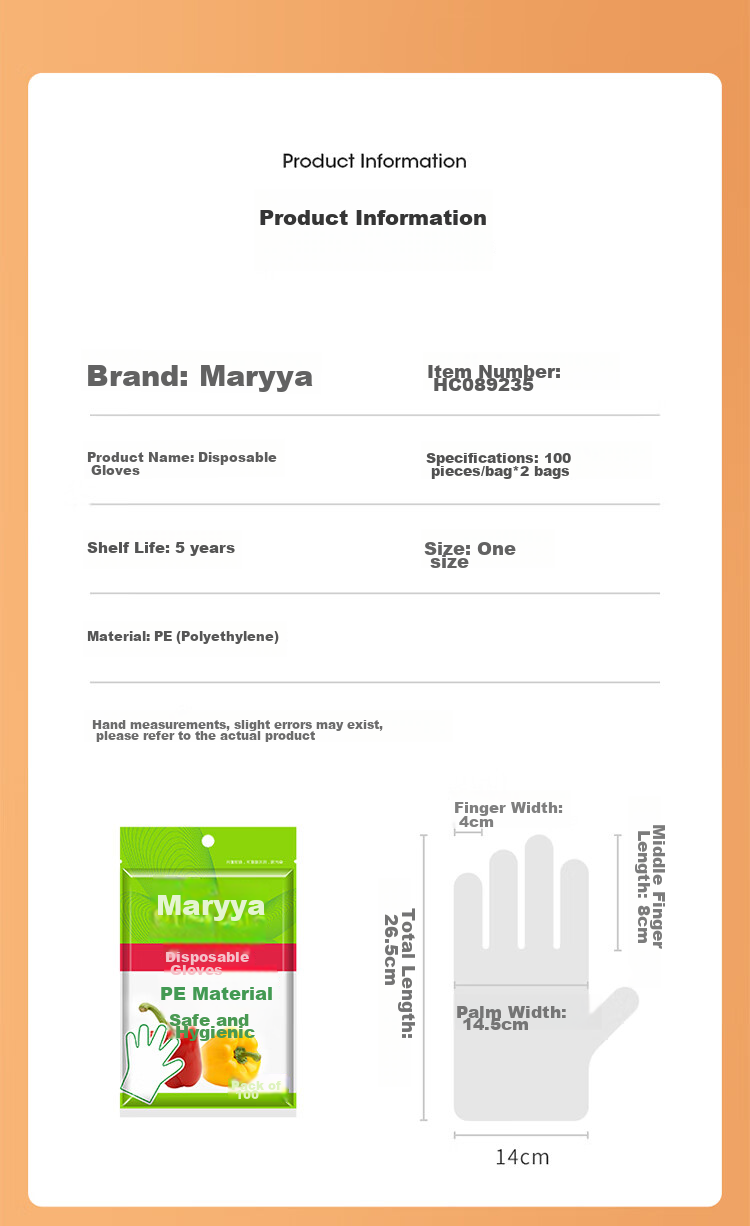 MARYYA Disposable Gloves, 200 Pieces, Food-Grade Pull-Out Plastic PE Thickened Leak-Proof Household Kitchen Transparent Film 2
