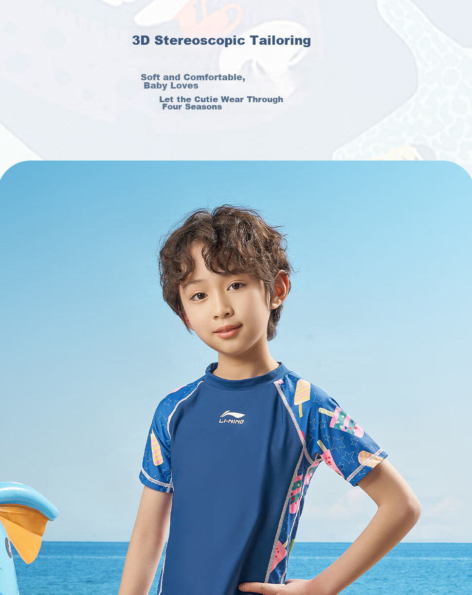 Li-Ning Children's Swimwear, Boys' Two-Piece Swimsuit, Surfing Suit, Swimming Goggles And Cap Set, Hot Spring Resort Swimwear, 671 Blue, Size 160 5