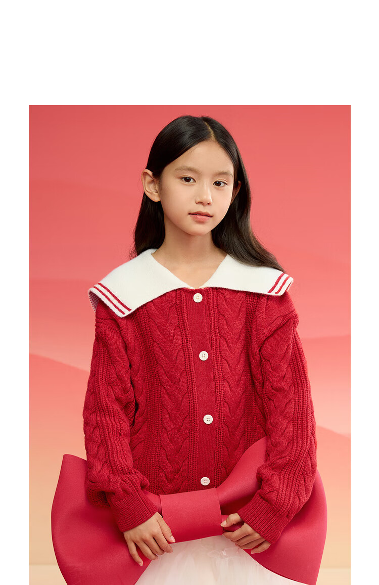 BALABALA Girls' Red Sweater, Children's Knitted Cardigan, Spring And Winter Wear, Contrasting Colors, Warm Open-Front Desig 2