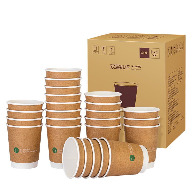 Deli 280ml Disposable Paper Cups, Kraft Paper Outer Layer, Business Office Paper Cups, Double-Layer Thickened, Whole Box of 20 Bags, 500 Pieces