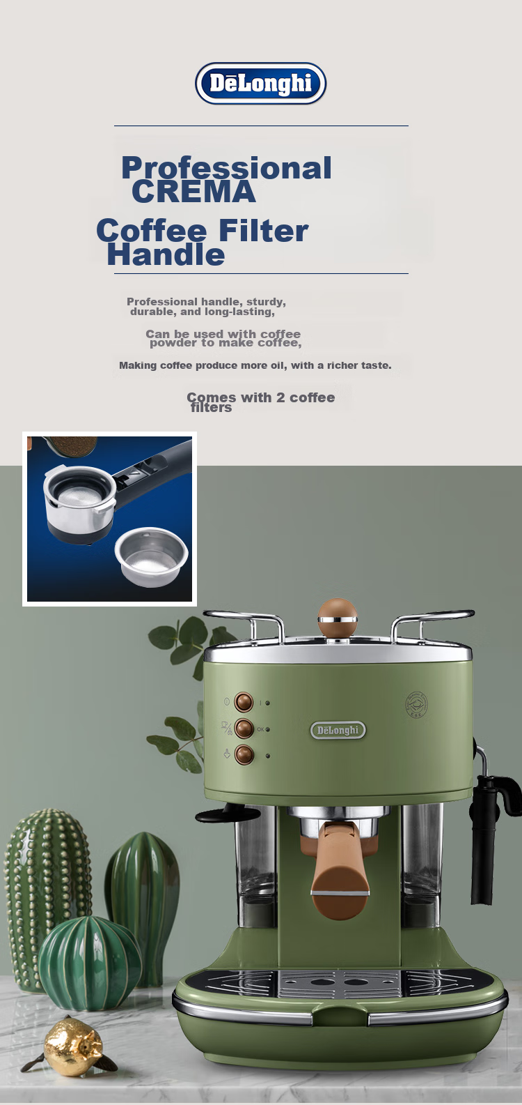 Delonghi Coffee Machine, Retro Semi-Automatic Coffee Maker, Compact Home-Use Stylish Americano And Italian Espresso 15Bar Pump Pressure, Manual Milk Frother ECO310.VGR Olive Green Gift 10