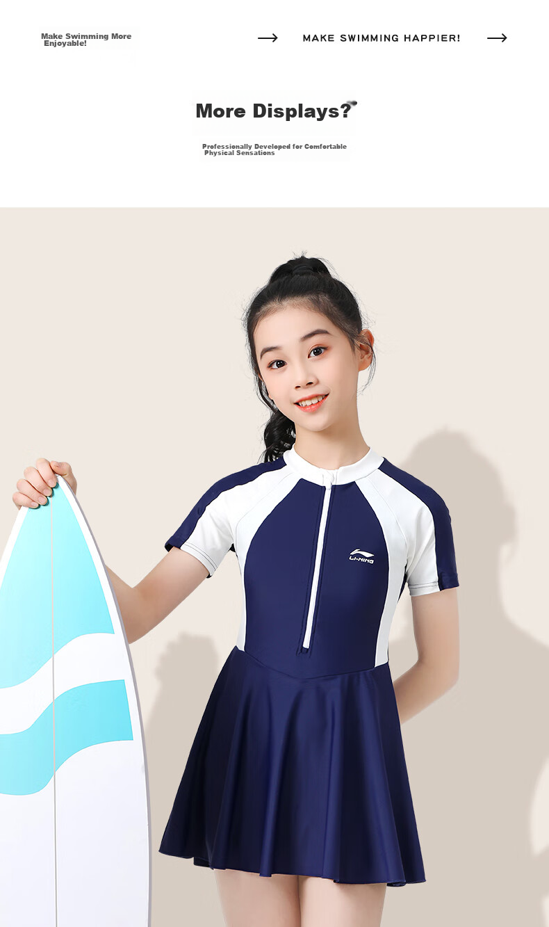 Li-Ning Children's Swimsuit, One-Piece Dress Style for Girls, Youth Swimwear, Student Girls' Swimwear, 7145 Purple-Pink Color, Size 150 12