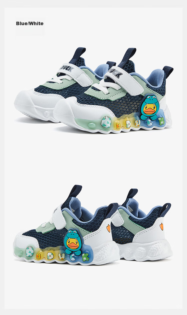 B.Duck Children's Walking Shoes, Boys And Girls Light-Up Shoes, Summer Breathable Mesh Sneakers, 3957 Blue And White, Size 30 12