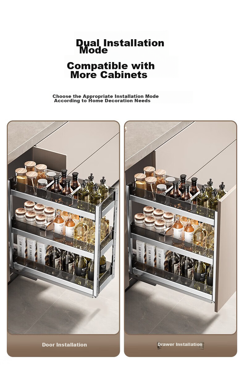 Cobbe Gunmetal Gray Kitchen Seasoning Basket Three-Tier Storage Drawer Cabinet Under-Shelf Thickened Built-in Pull-Out Spice Rack 13