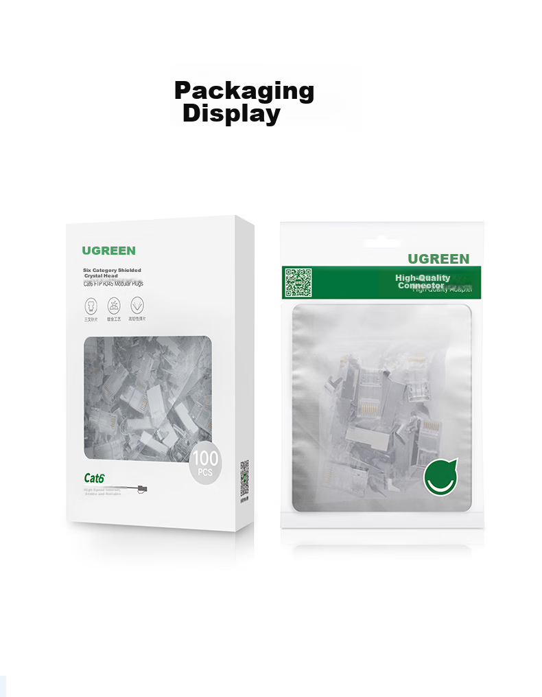 UGREEN CAT6 Shielded RJ45 Connectors, Gigabit Ethernet Network Plugs, 50U Gold-Plated Professional Grade RJ45 Computer Network Cable Connectors, Two-Piece Design, 100 Pieces, 20893 17