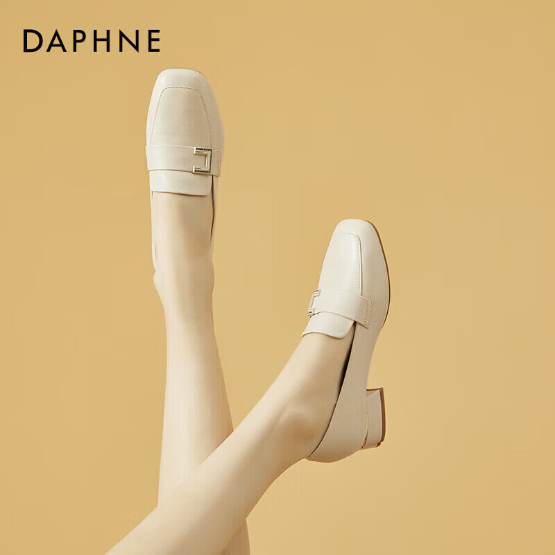 DAPHNE Women's Single Shoes, Retro Square Toe with Buckle Loafers, Chunky Heel Slimming Slip-On Commuter Shoes 4623101007 Beige 39
