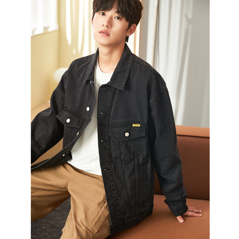 TonLion 2023 Men's Denim Jacket, Loose-Fitting Casual Denim Coat, Carbon Black, Size S