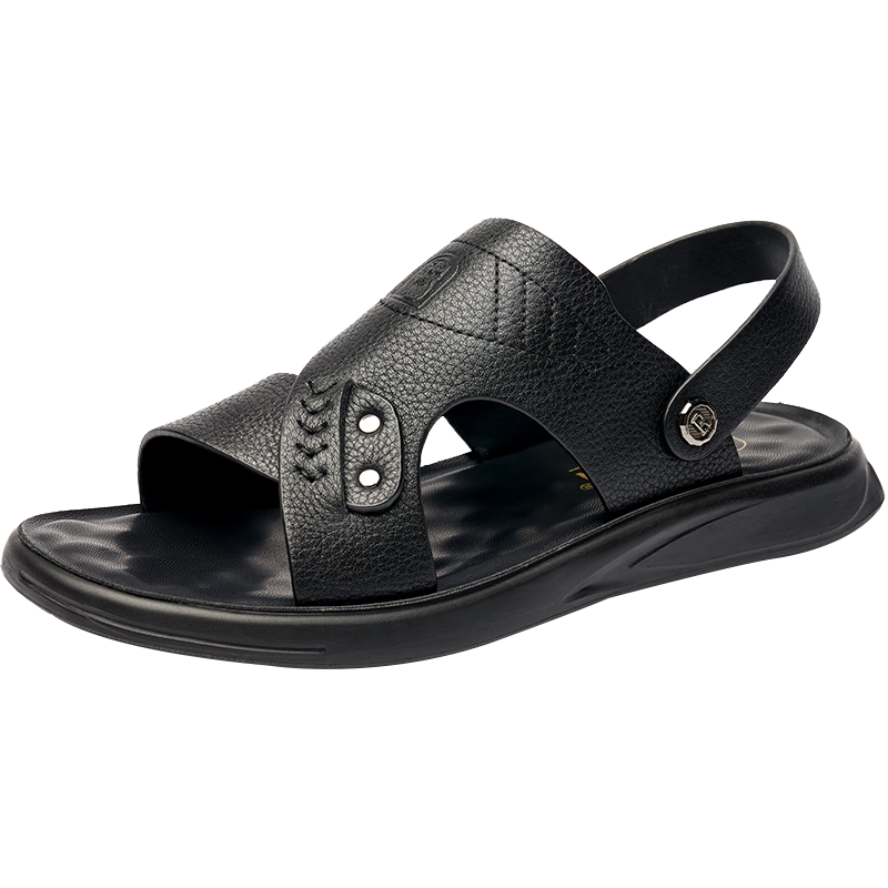 LAORENTOU Men's Sandals, Summer Beach Shoes, Top-Grain Leather Sandals And Slippers, Dual-Use Leather Sandals for Men, A90125, Black, Size 43