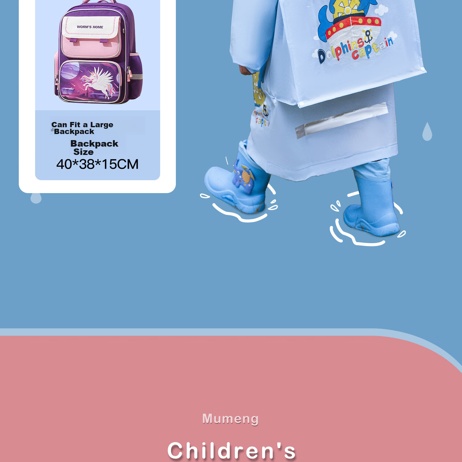 Moremerry Children's Raincoat for Boys And Girls, Full-Body Waterproof with Backpack Space, Elementary School Students' Specialized Rain Poncho, Little Dolphin Design, Size 3XL 5