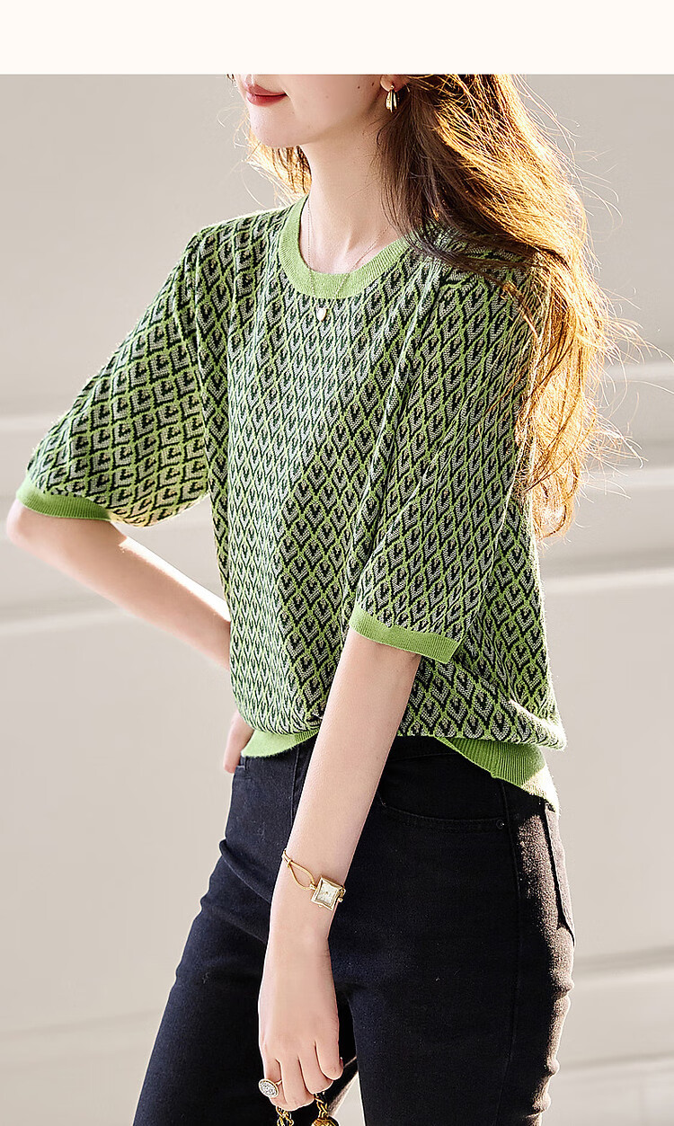 Dme [Dopamine Outfit] Summer New Girly Round Neck Diamond Pattern Knit Sweater, Golden Thread Jacquard Knitted Top for Wome 15