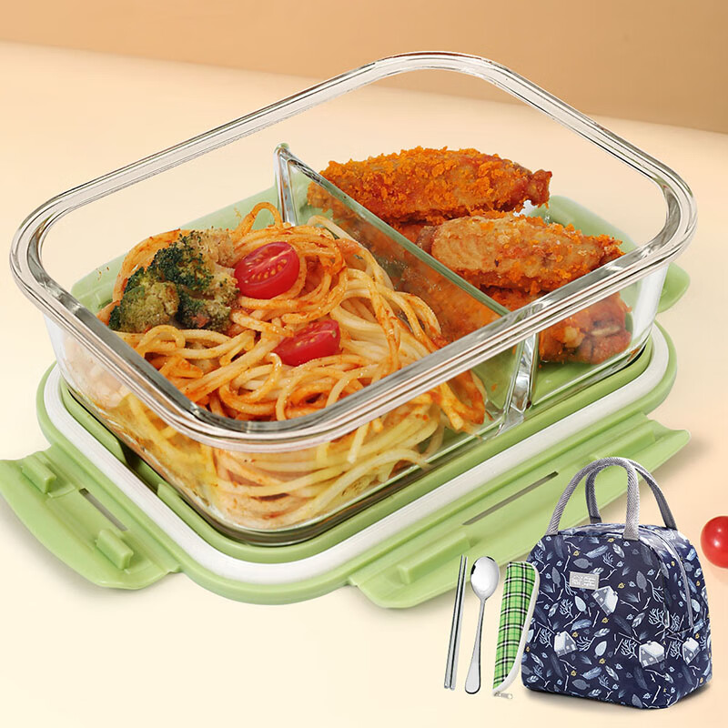 Demasi Heat-Resistant Glass Food Storage Container, Microwave-Safe Lunch Box for Office Workers, Nordic Green Insulated Box 1000ml + Bag + Tableware Set