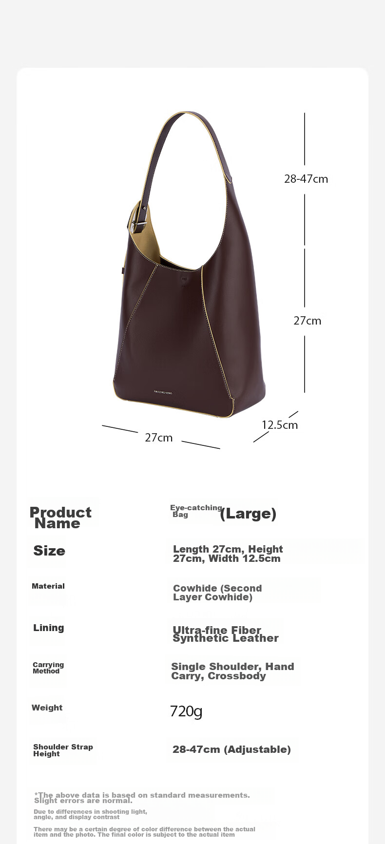 AMAZING SONG Women's Handbag [Celebrity Style], Eye-Catching Large Leather Tote Bag, Practical High-Capacity Bucket Shoulder Bag, Gift 8