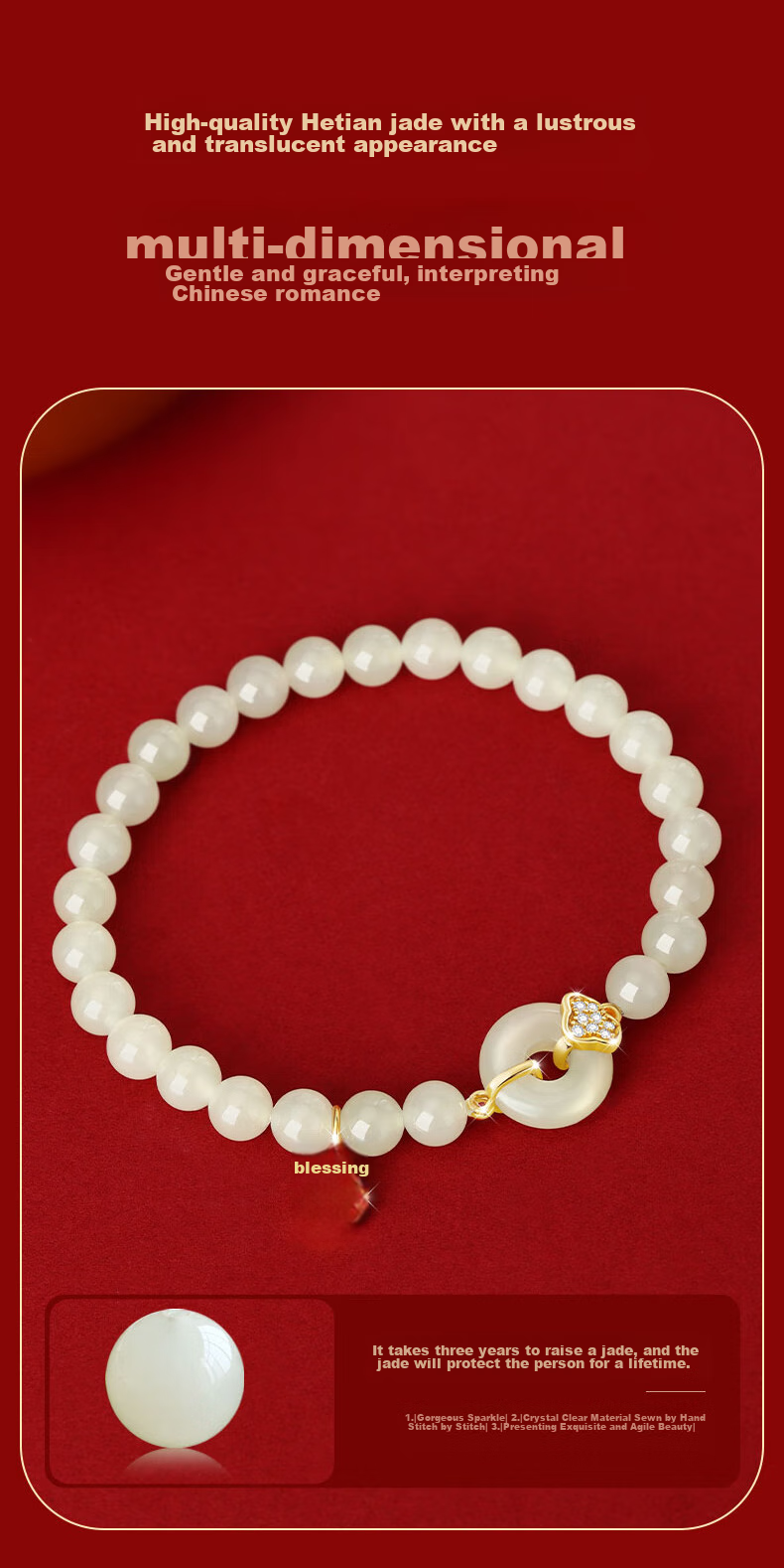 Zhenshangyin Chinese Gold Hetian Jade Silver Bracelet for Women, Camellia Beaded Bracelet, Birthday And 520 Gift for Girlfriend Or Wife, S925 5
