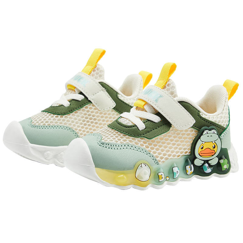 B.Duck Children's Walking Shoes, Boys And Girls Light-Up Shoes, Summer Breathable Mesh Sneakers, 3957 Rice Green, Size 29