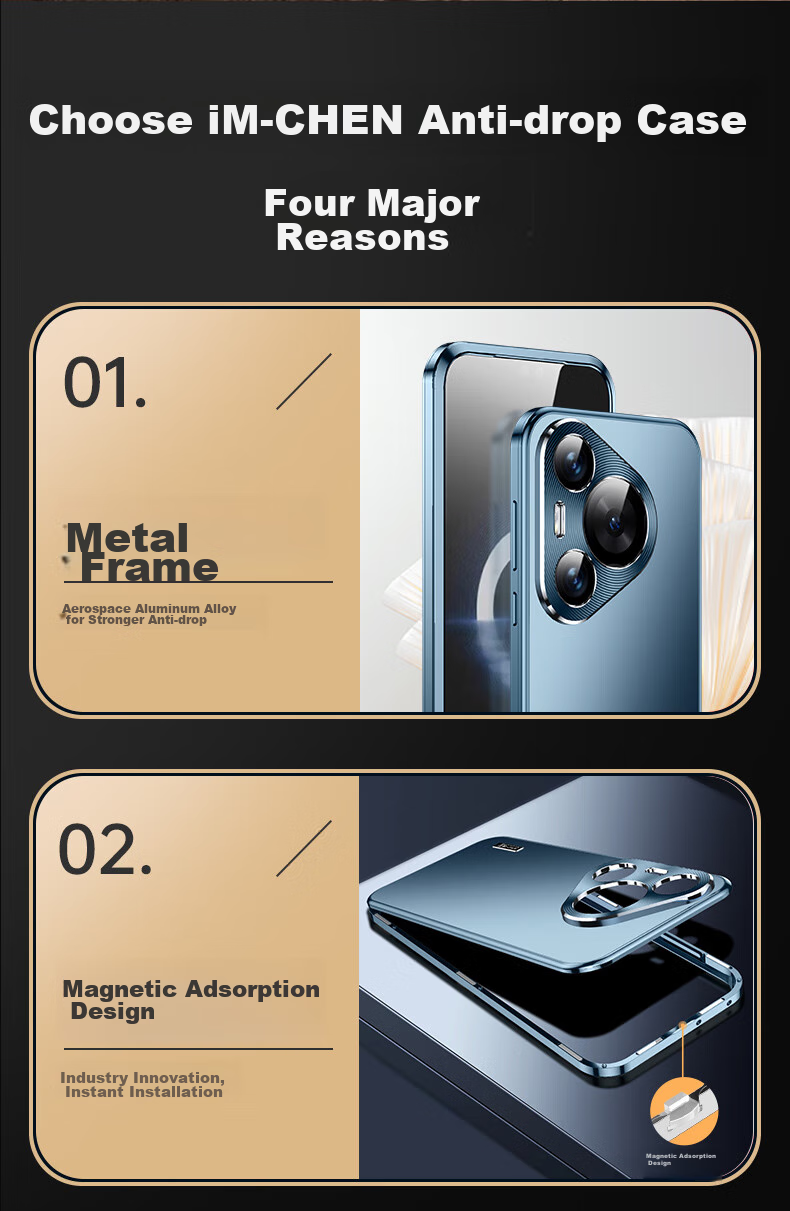 IM-CHEN [Metal Magnetic] Phone Case for Huawei Pura 70 Pro, Pura 70 PRO+ Protective Cover, Aluminum Alloy Lens Ring, Frosted Business Full Protection Shockproof - Mysterious Black 3