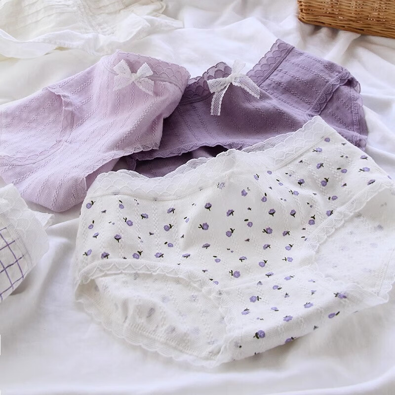 莫代尔5条内裤女棉裆蕾丝透气中腰日系少女内裤学生可爱三角短裤头 XL