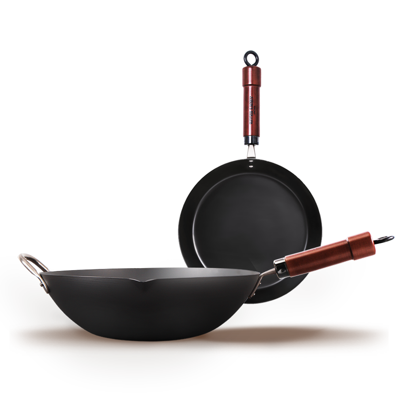 RIVER LIGHT Japanese Imported Cookware Set, Cast Iron Wok for Home Cooking, 33cm + 28cm Steak Pan, Flat Bottom Pan, Non-Coated Iron Pan, Compatible with Induction And Gas Stoves