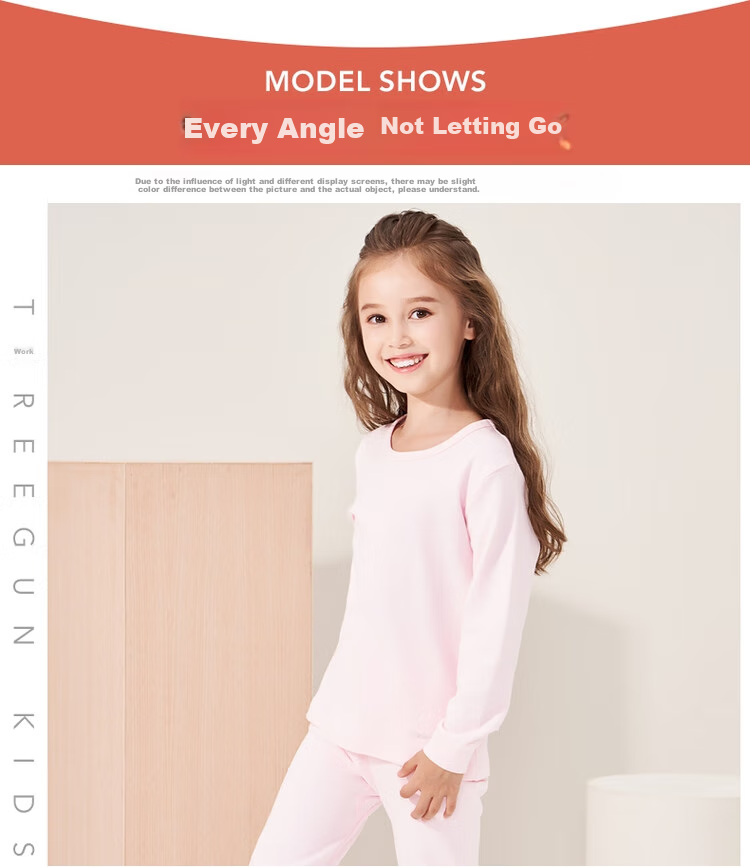 THREEGUN Children's Autumn Underwear Set, Class A Skin-Friendly Antibacterial Girls' Round Neck Long-Sleeve Pure Cotton Underwear Set, Light Pink, Size 120 22