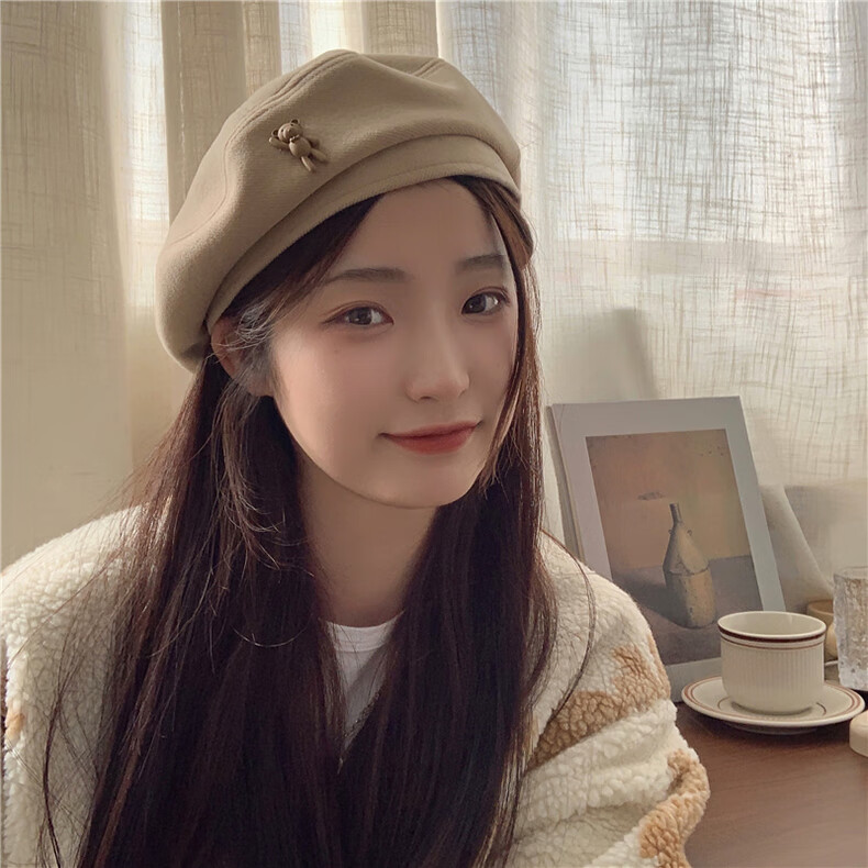 XUEXIMAN Japanese Vintage Cartoon Bear Brown Wool Beret Women's Fashionable Elegant Painter Hat 12