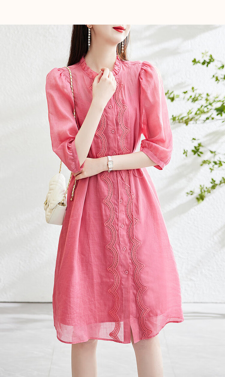 Dme [Breathable 100% Ramie] Spring And Autumn Natural Comfortable Round Neck Tie-Up Embroidered Three-Quarter Sleeve Dress 9