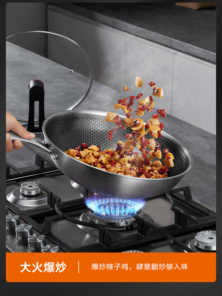 JD Original Wok, 304 Stainless Steel Frying Pan, Non-Stick Flat Bottom Skillet for Induction And Gas Stoves [With Stand-Up Lid], 32cm 14