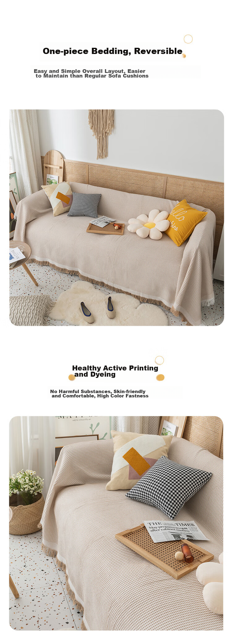 AVIVI Sofa Cover, Throw Blanket, Sofa Slipcover, All-Inclusive, Suitable for All Seasons, Sofa Pad, Seat Cushion, 180*380, Khaki Waffle Patter 3