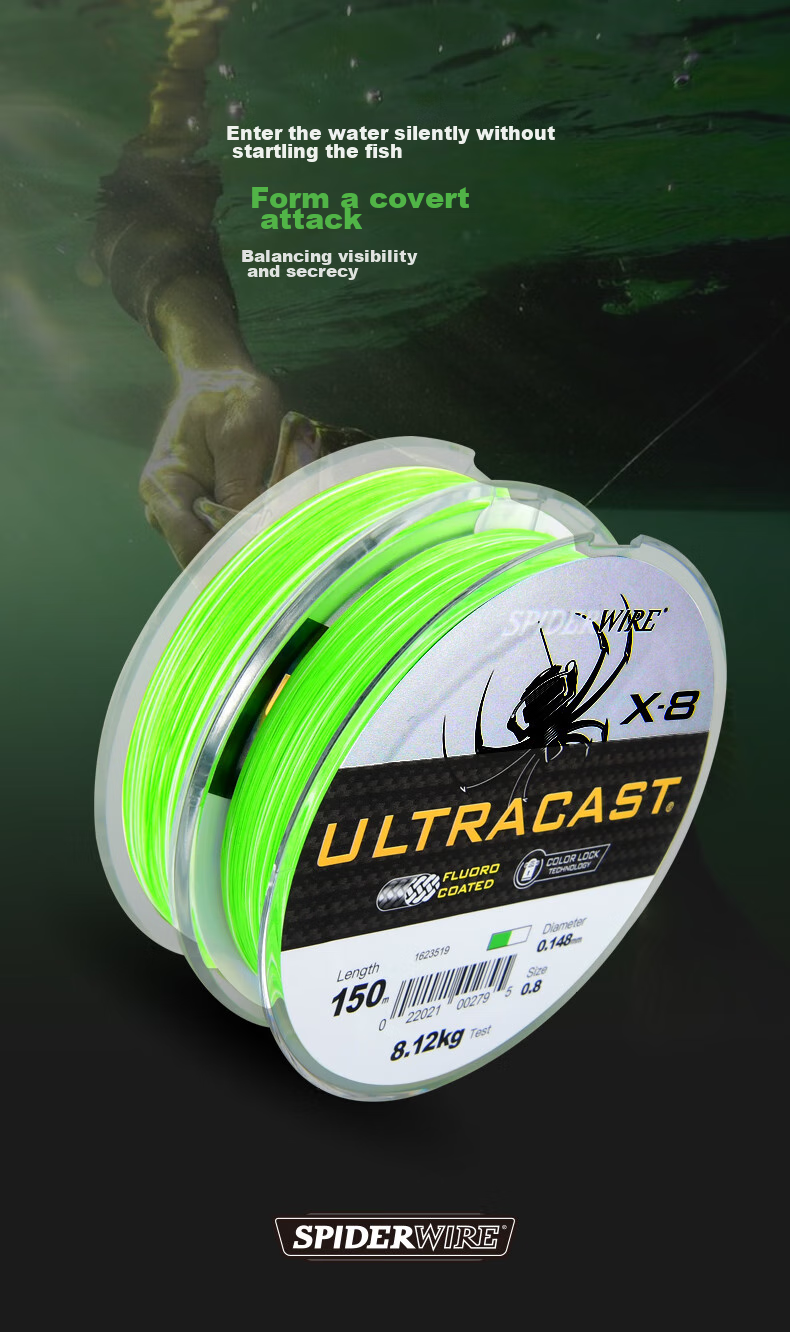 SPIDER WIRE Super PE Fishing Line, 8-Strand Long-Casting Main Line, Power Braid Fishing Line, Size 1.2, 150 Meters, Fluorescent Gree 10