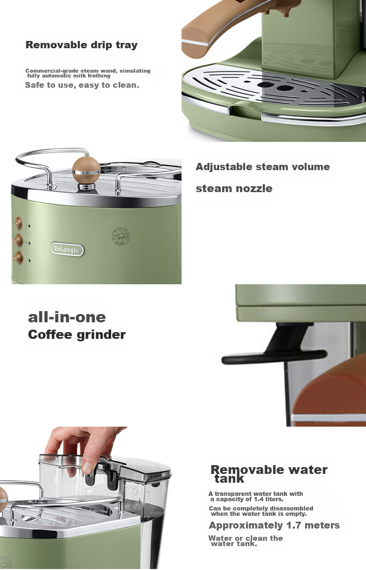 Delonghi Coffee Machine, Retro Semi-Automatic Coffee Maker, Compact Home-Use Stylish Americano And Italian Espresso 15Bar Pump Pressure, Manual Milk Frother ECO310.VGR Olive Green Gift 16