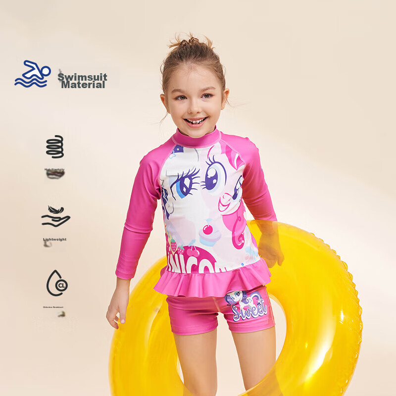Aimer Kids Girls' Long-Sleeve Swimsuit, My Little Pony Collaboration, Two-Piece Set for Beach Vacation Photoshoots, Rose Pink, Size 140