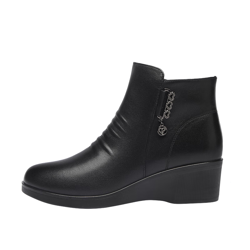Red Dragonfly Women's Short Boots Fleece Lined Thickened Mid-Aged Cotton Wedge Heel Mom Boots WTC443021C Black Size 35